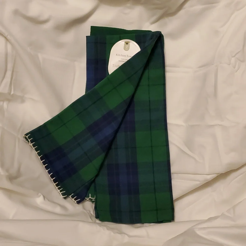 NWT Threshold Kitchen Towels - 100% Cotton - Green; Blue & Green Plaid